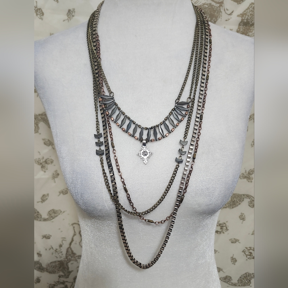 Edgy multilayer long necklace with cross pendant